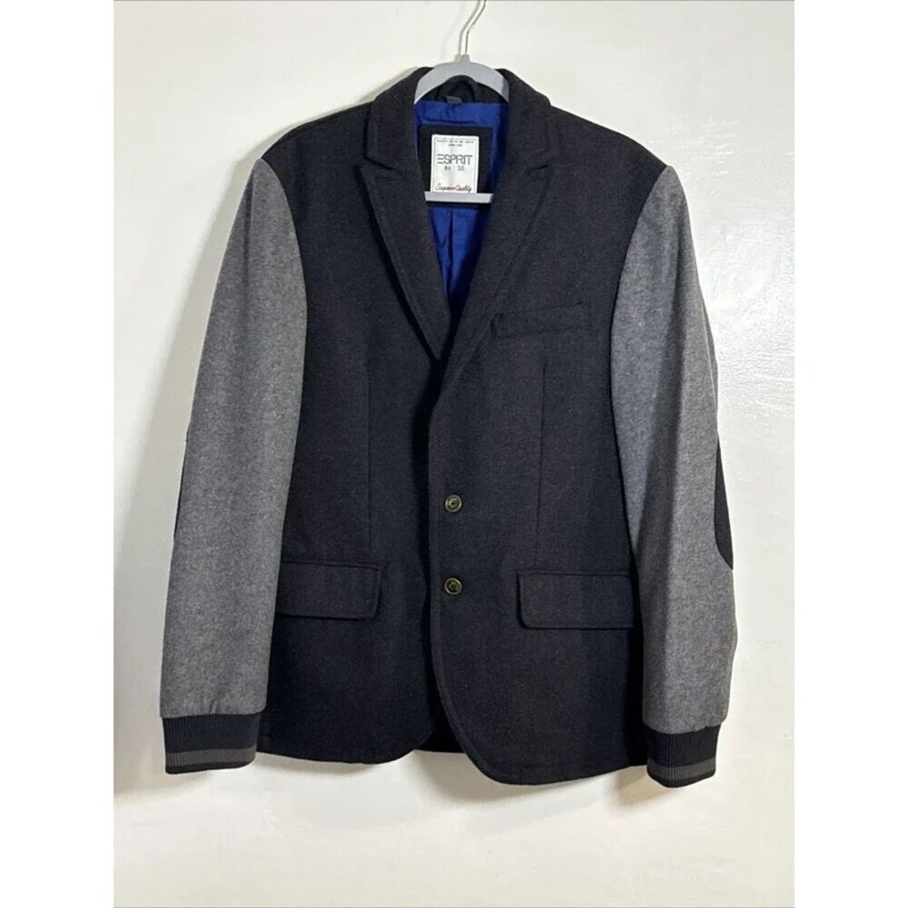 ESPRIT MEN’S Grey 2-Tone Wool Blend Blazer With Elbow Patch Size Large Preppy